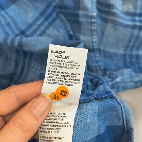 American Eagle Hooded Plaid Flannel Shirt SP Blue Button Up Hoodie Top - Picture 14 of 16